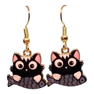 Delightful Black Cat Earrings with Fish Design